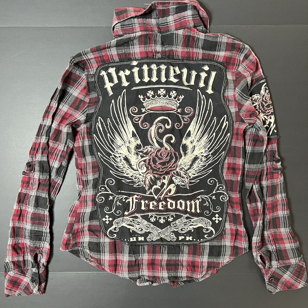 Primevil Women's S Red Black Button Up Flannel Embroidered Rose Bird Y2K Grunge